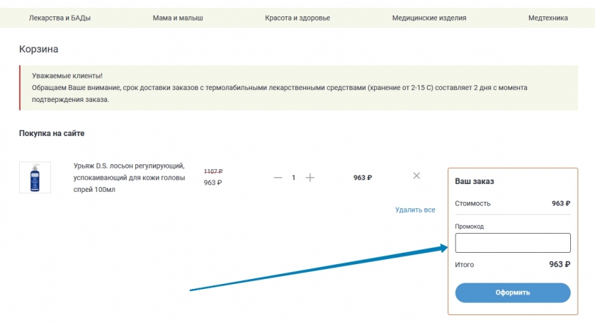 Куда вводить промокод на сайте Аптека Диалог