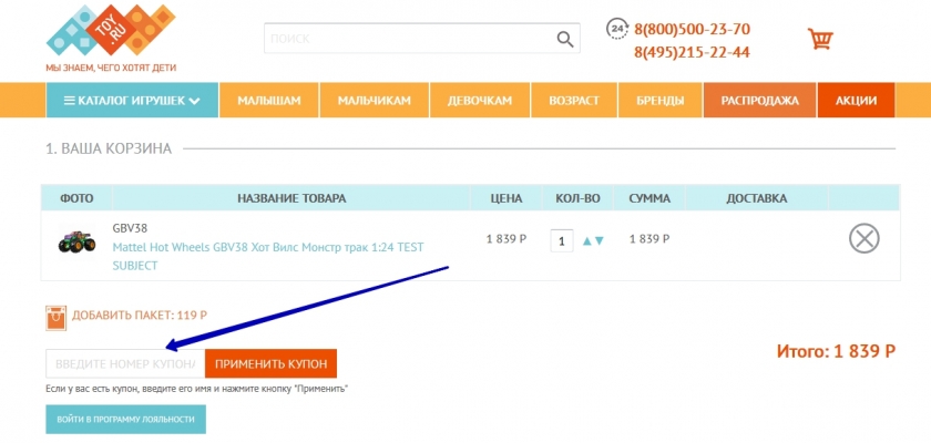 Ввод промокода на сайте Той.ру