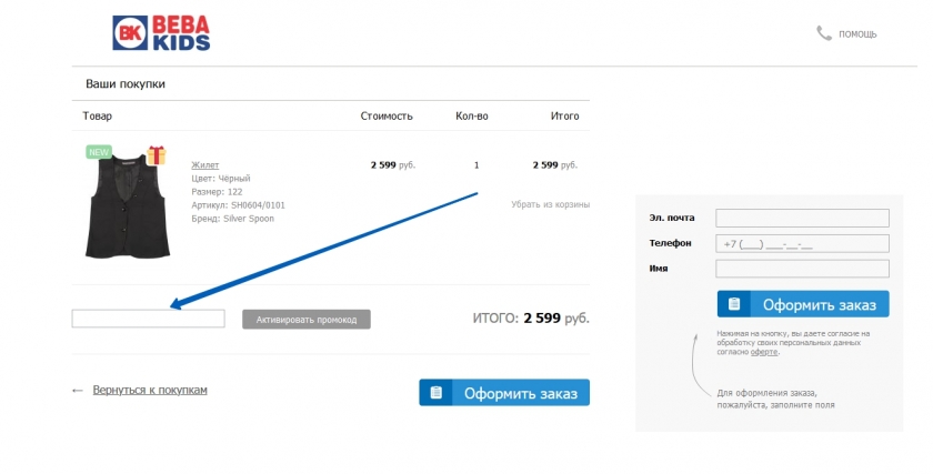Куда вводить промокод на сайте Беба Кидс