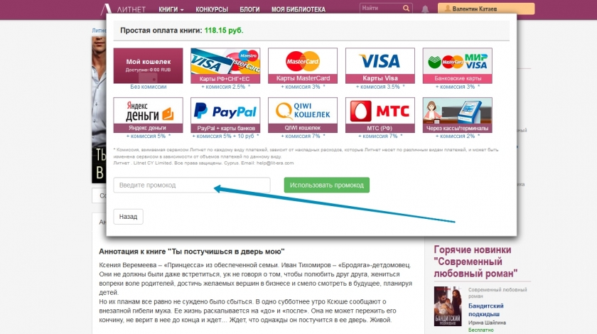 Куда вводить промокод на сайте Литнет